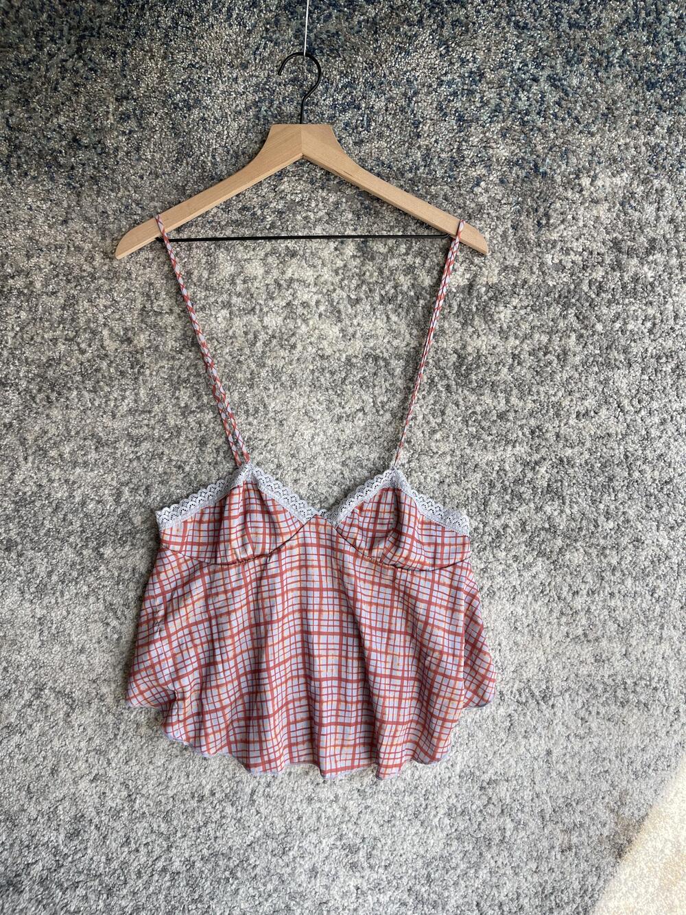 Free People Cami Top Womens Small Plaid Lace Trim Sleepwear Lightweight Boho